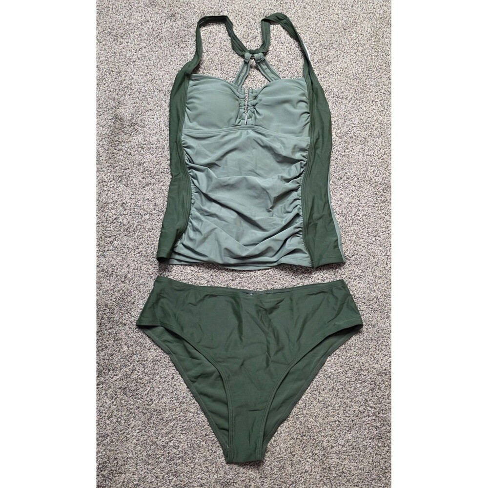 NWT Cupshe Tankini Size Large Green Slimming Shirred Racerback Pool Beach